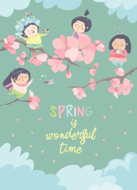 Kiraz çiçeği ile sevimli küçük kız