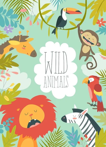Happy jungle animals creating a framed background — Stock Vector