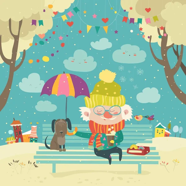 Yaşlı adam ile köpek şemsiyesi altında — Stok Vektör