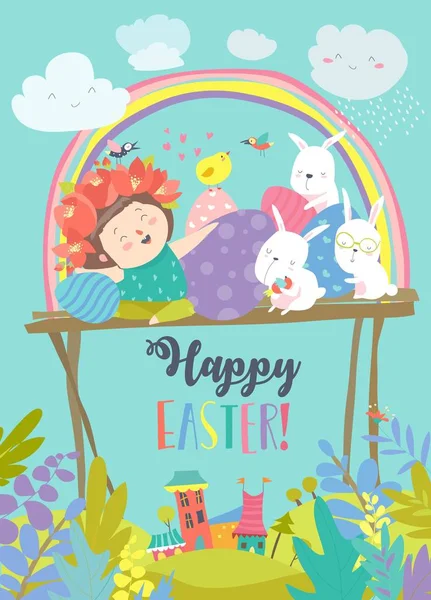 Linda chica con conejos de Pascua y huevos de Pascua — Archivo Imágenes Vectoriales
