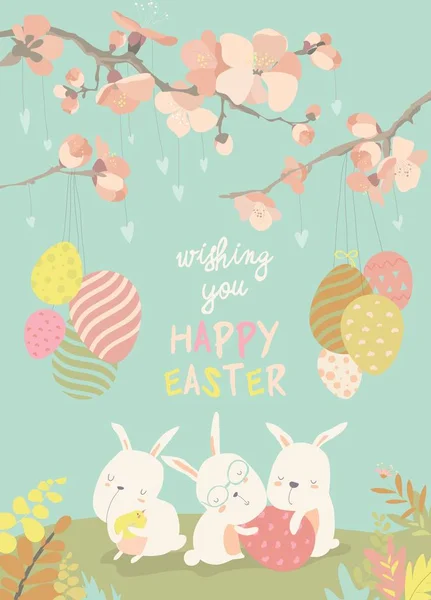 Çiçekli dallar ile komik Paskalya tavşanları — Stok Vektör