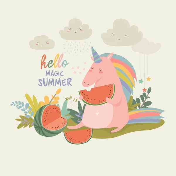 Cute unicorn with watermelon — Stock Vector