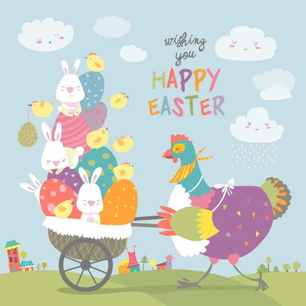 Poulet de Pâques aux œufs de Pâques — Image vectorielle