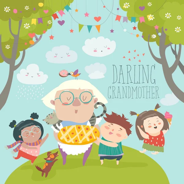 Granny en haar kleinkinderen met taart — Stockvector
