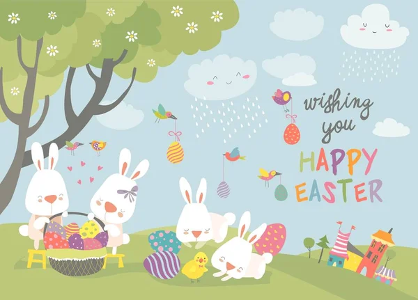 Easter bunnies and easter egg — Stock Vector