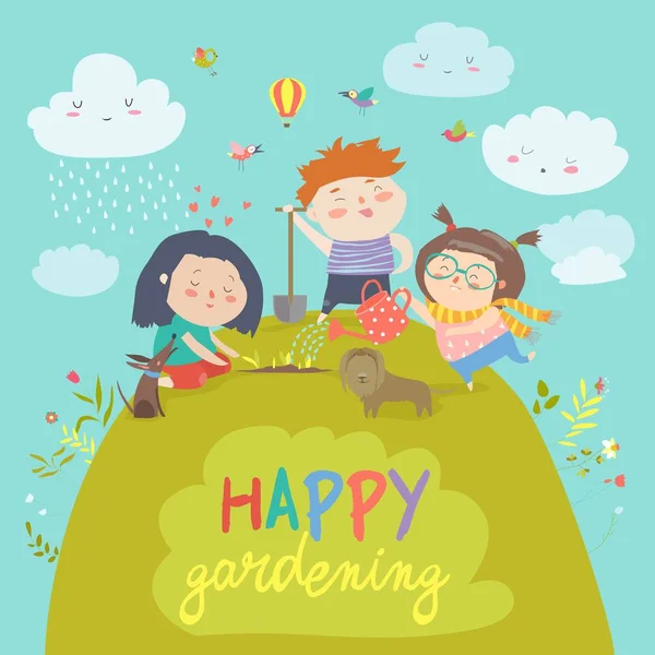 Happy children gardening - Stok Vektor