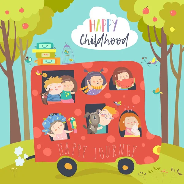 Lindos niños viajando en autobús — Vector de stock