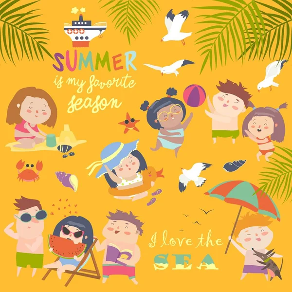 Niños de verano actividades al aire libre. Vacaciones en playa — Vector de stock