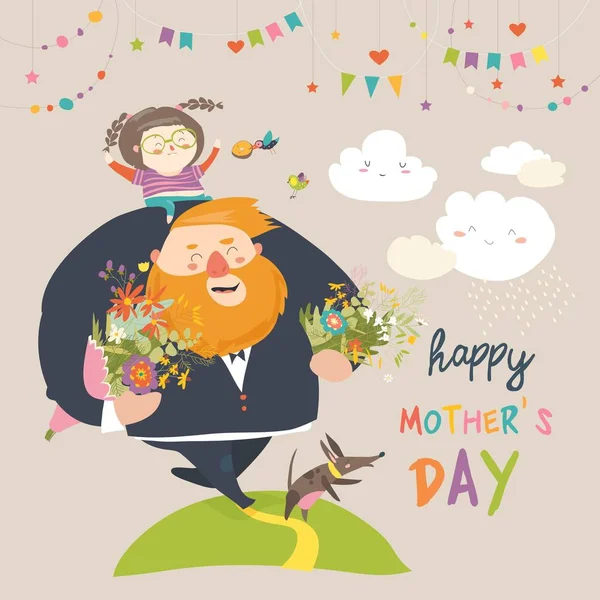 Dad and daughter acarrying flowers to mom — Stock Vector