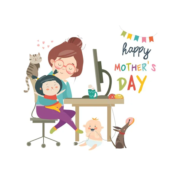 在家工作的母亲, 自由职业者与两个孩子 — 图库矢量图片