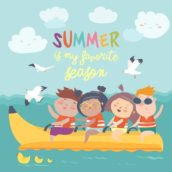 Niños felices montando un barco de plátano — Vector de stock