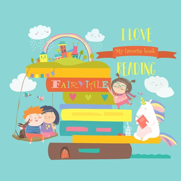 Concepto de cuento de hadas con libro, unicornio y niños — Vector de stock