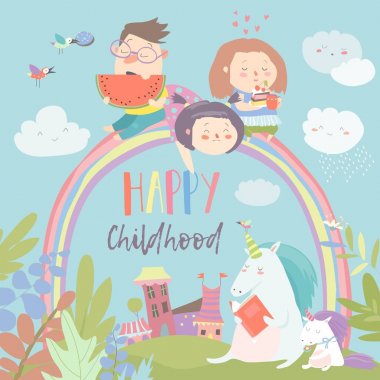 Happy kids on rainbow with magical unicorns clipart