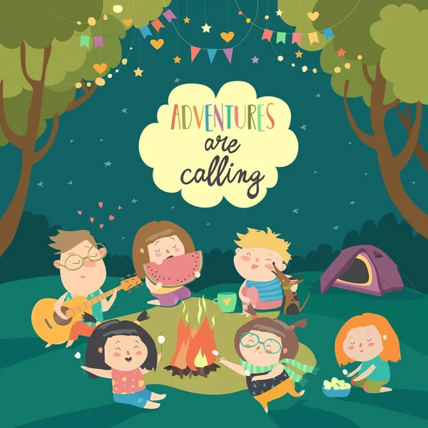 Anak-anak duduk di sekitar api unggun dan memanggang marshmallow Stok Vektor
