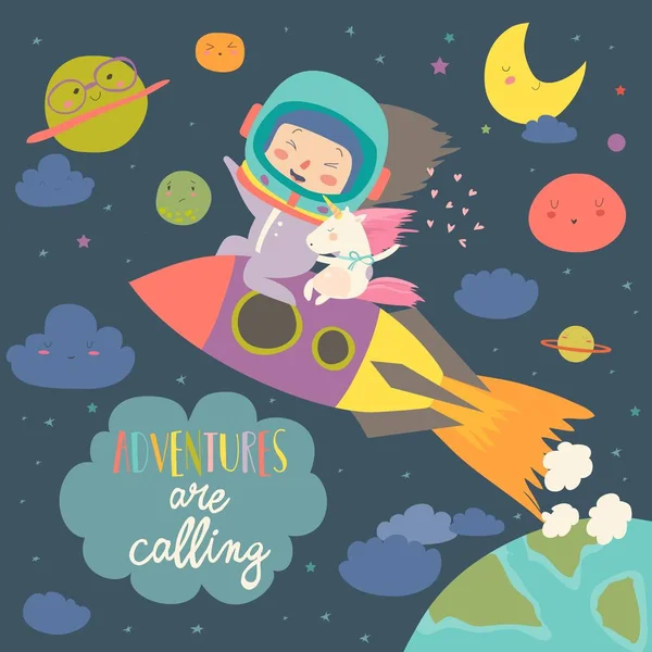 Menina astronauta com seu unicórnio montando um foguete — Vetor de Stock
