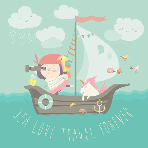 Chica feliz con su unicornio navegando en su barco — Archivo Imágenes Vectoriales
