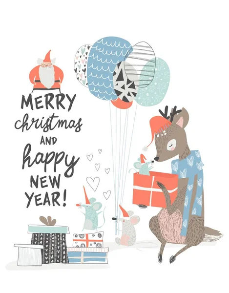 Рождественская открытка с милыми оленями и мышами — стоковый вектор
