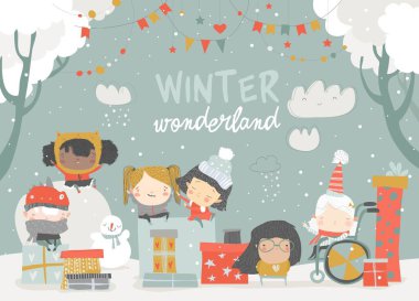 Cartoon different children enjoying winter. Hello snow