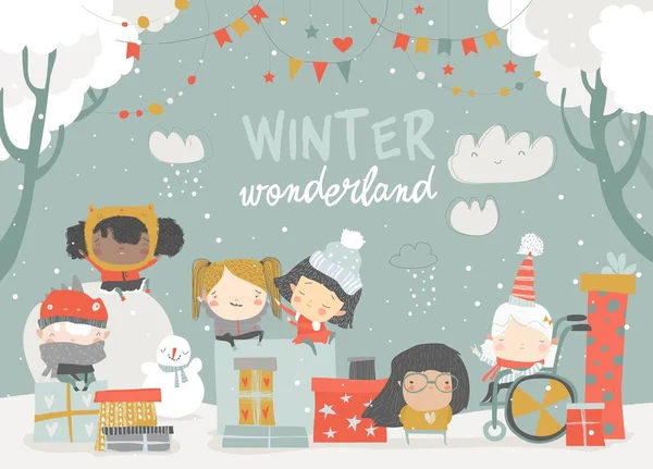Cartoon different children enjoying winter. Hello snow — Stockvector
