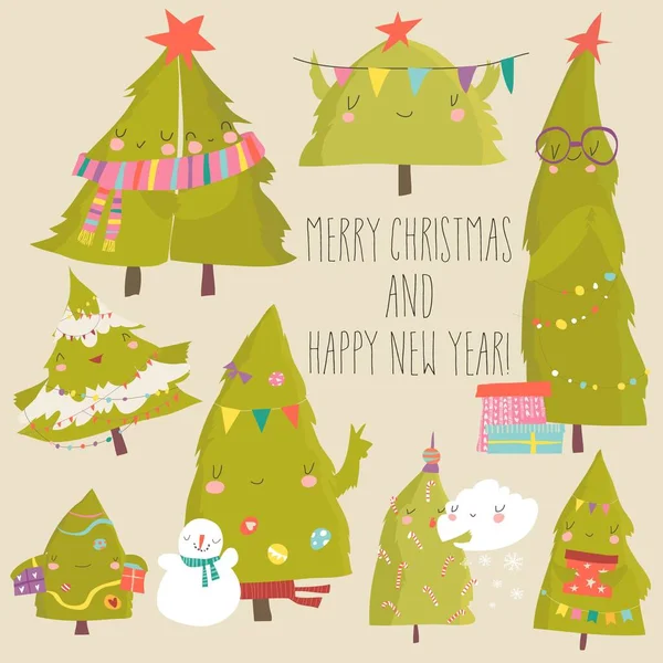 Conjunto de árboles de Navidad de dibujos animados. Feliz Navidad. — Vector de stock