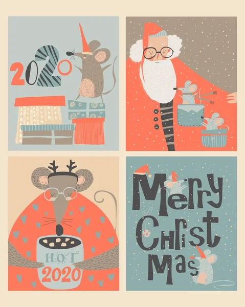 귀여운 쥐와 산타클로스가 들어 있는 크리스마스 카드 세트 — 스톡 벡터