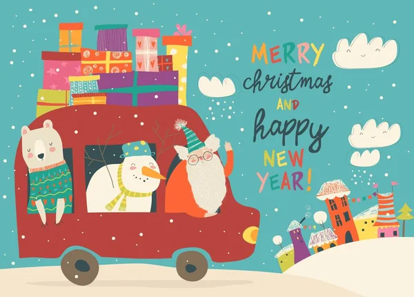 Papai Noel com urso e boneco de neve andando de carro — Vetor de Stock