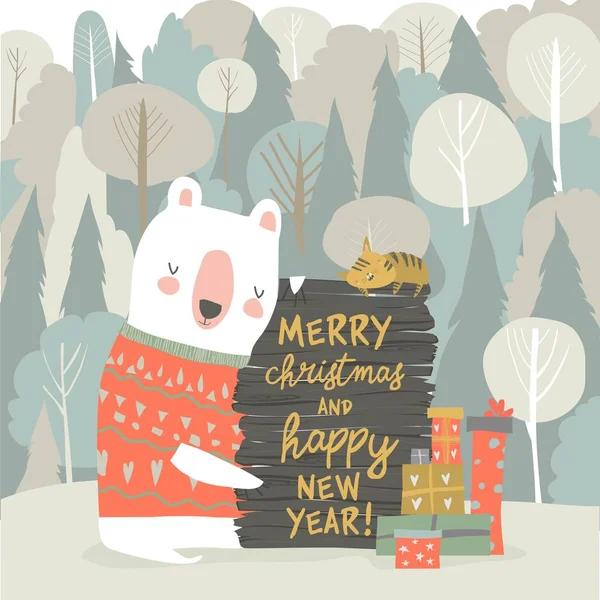 Urso bonito dos desenhos animados comemorando o Natal na floresta de inverno — Vetor de Stock