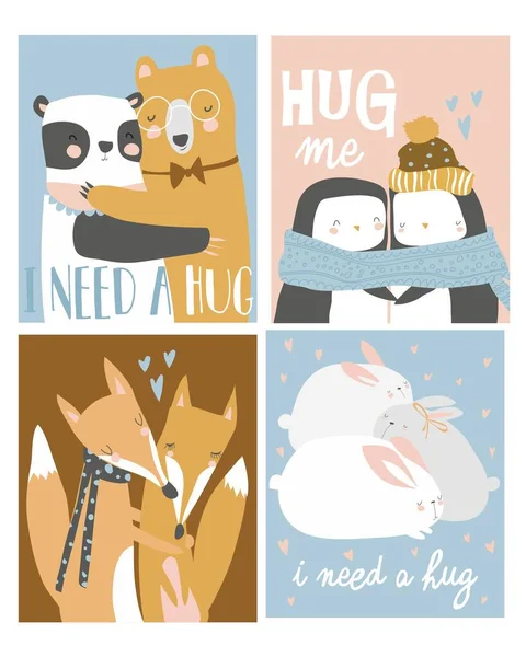 Set of colored cartoon animals hugging. I need a hug — Stock Vector