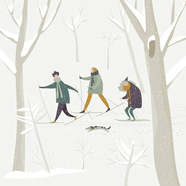 Люди катаются на лыжах в зимнем снежном лесу — стоковый вектор