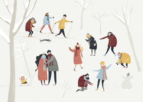Cartoon gelukkige mensen genieten in de winter sneeuwt bos. Vakantie tijd — Stockvector