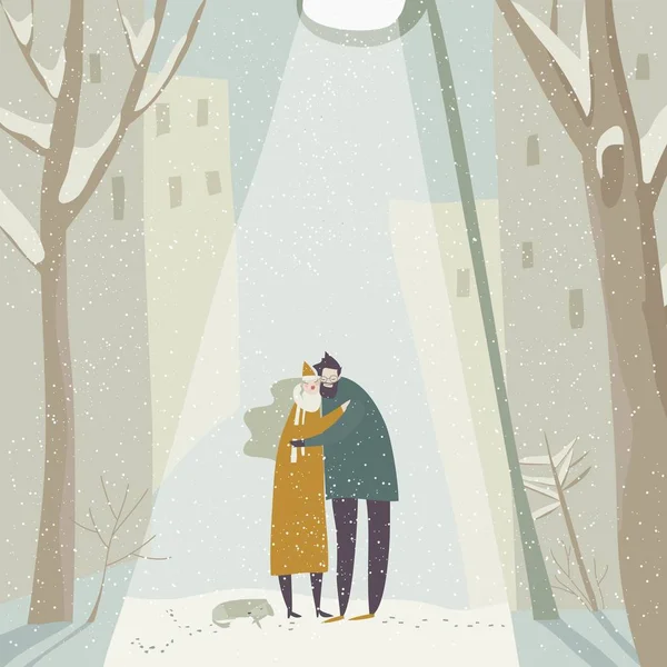 Cartoon couple in love hugging on snowing street — Stock Vector