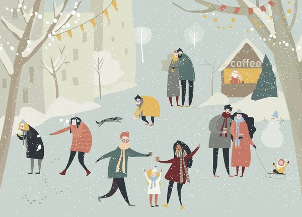 Rajzfilm boldog emberek élvezik a téli hó utcában. Nyaralási idő — Stock Vector