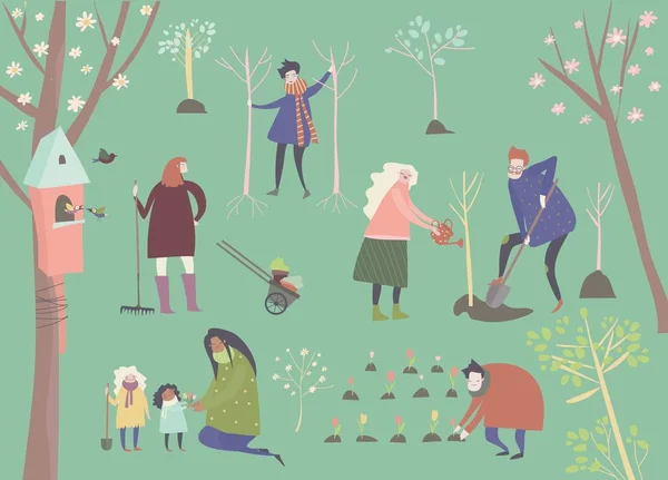Sevimli çizgi film insanları bahar parkında bahçe işleriyle uğraşıyor. — Stok Vektör