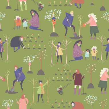 Çizgi filmlerdeki kusursuz vektör deseni Spring Park 'ta bahçıvanlık yapıyor.