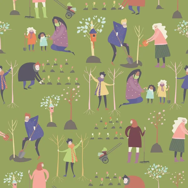 在春天的公园里，卡通人物的无缝病媒图案正在园林绿化 — 图库矢量图片