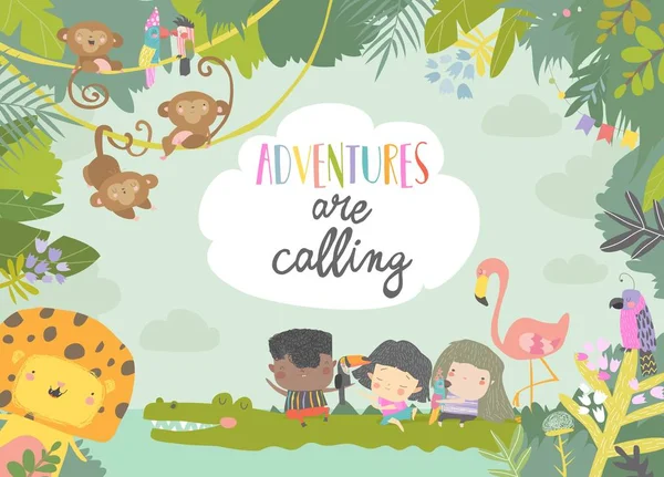 Lindo marco compuesto por niños de dibujos animados que viajan con animales — Vector de stock