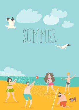 Çizgi film mutlu insanlar deniz kenarında voleybol oynuyorlar.
