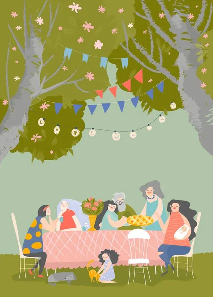 Cartoon ευτυχισμένη οικογένεια έχοντας δείπνο στον ανθισμένο κήπο — Διανυσματικό Αρχείο