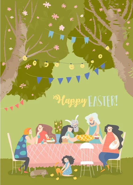 Dibujos animados feliz familia teniendo cena de Pascua en el jardín de flores — Vector de stock