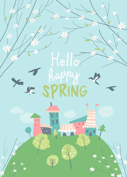 Cute little town in blossom trees. Hello spring — Stock Vector