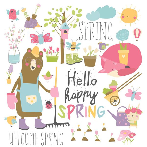 Set of cartoon animals and spring elements