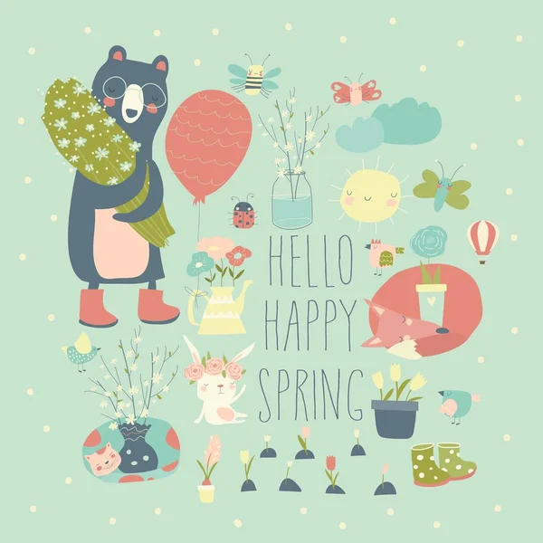 Set of cartoon animals and spring elements — 스톡 벡터