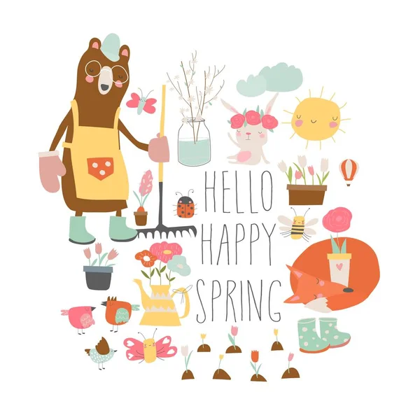 Set of cartoon animals and spring elements — Stock Vector