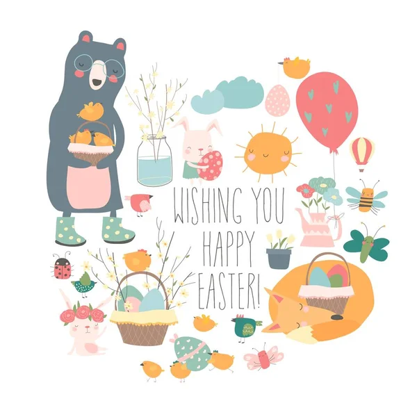 Cute cartoon animals with Easter theme. Happy Easter — 스톡 벡터