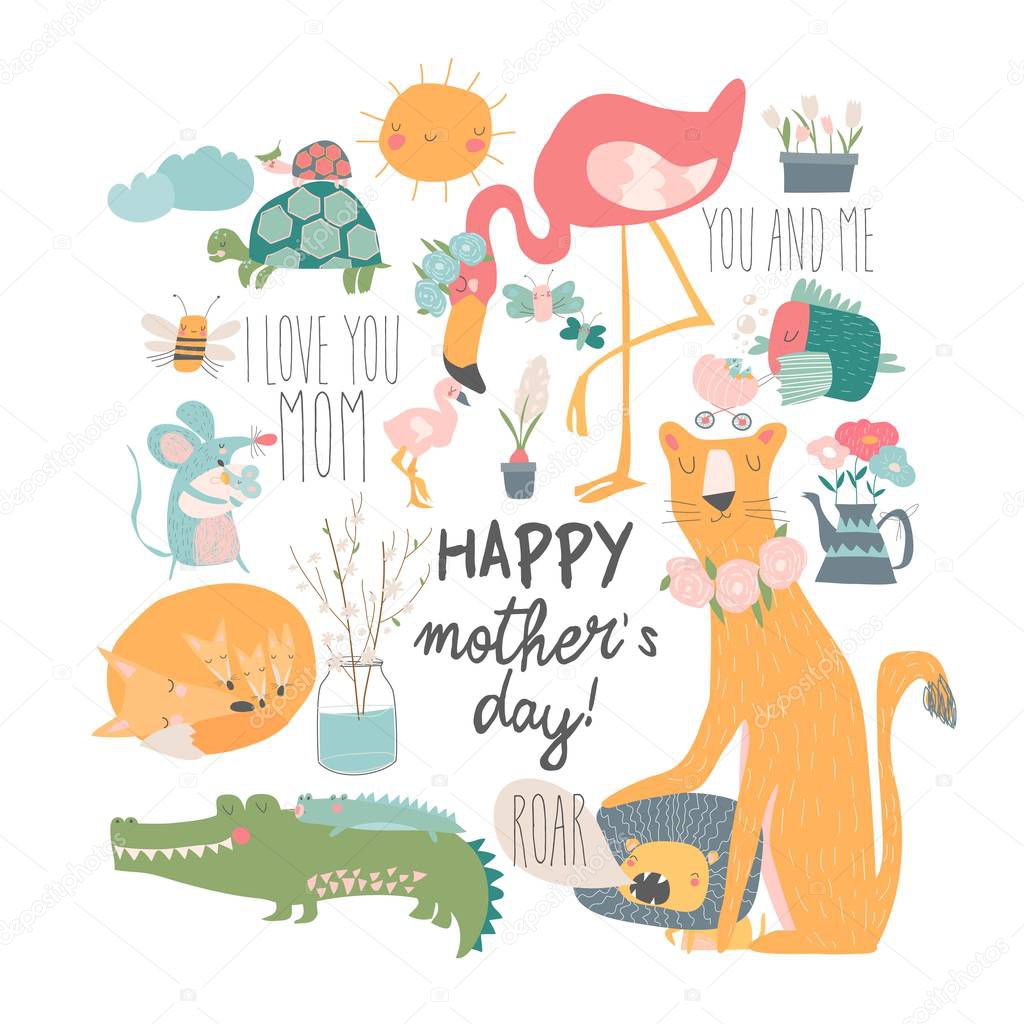Cute cartoon animals mothers with their cubs