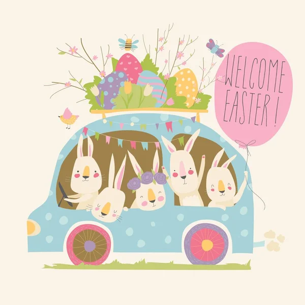 Cute cartoon bunnies driving a car with easter eggs — Stock Vector