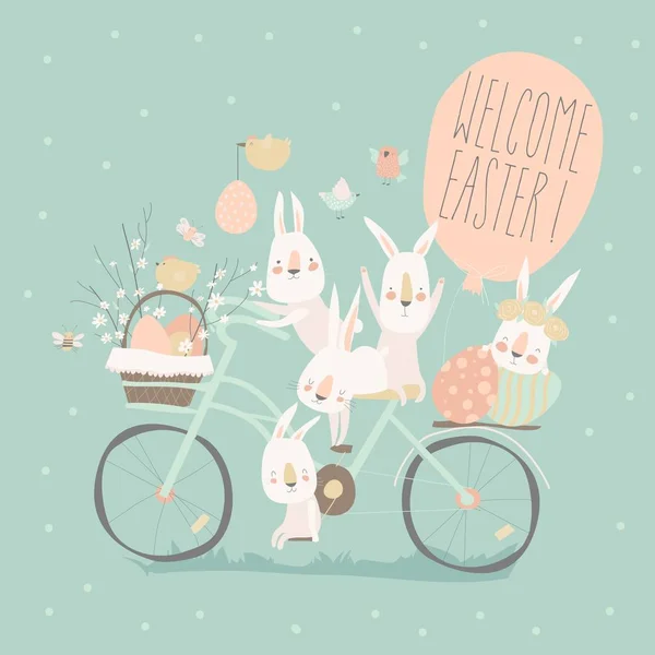 Easter bunnies riding on bike with easter eggs — 스톡 벡터