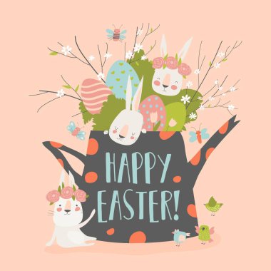 Paskalya yumurtası ve çiçekli şirin çizgi film tavşanı.