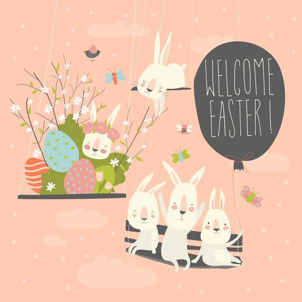 Roztomilý kreslený králíček s velikonočními vejci a květy — Stockový vektor