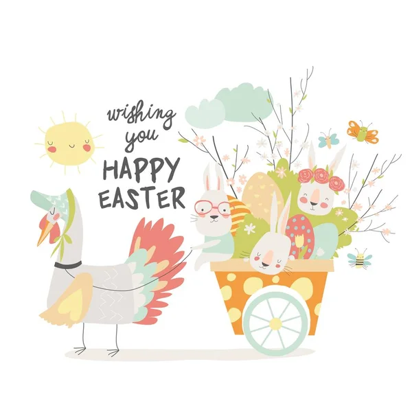 Bonito coelho dos desenhos animados com ovos de Páscoa e flores — Vetor de Stock